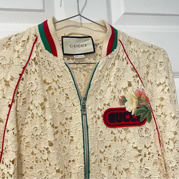 GUCCI Ivory Floral Rebrodé Lace Bomber Jacket 80s Logo IT 42 - Picture 2 of 7